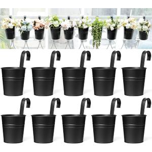 Dahey 10 Pcs Hanging Flower Pots Metal Iron Bucket Outdoor Planter for Railing Fence Balcony Garden Home Decoration Flower Holders with Detachable Hooks, Black, 5 Inches