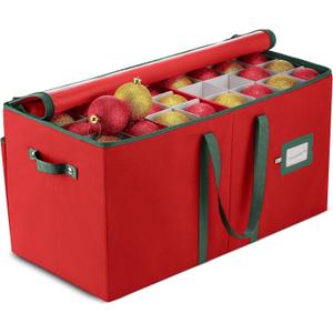 ZOBER Large Christmas Ornament Storage Box - Stores 128 3" Ornaments, With Dividers - Ornament Organizer Storage Box, Durable Christmas Containers Holder - Extra Pockets, Dual Zipper - Red