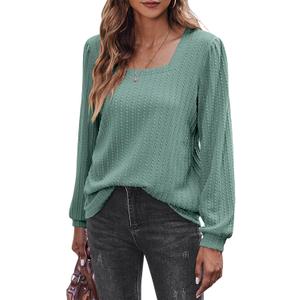 Zeagoo Long Sleeve Square Neck Shirts Lightweight Rib Knit Pullover Sweater Causal Loose Fit Tunic Blouse Top (Green)