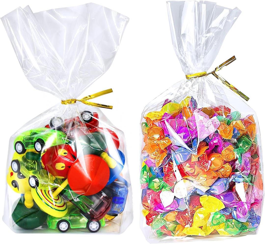 PigPotParty Cellophane Treat Bags 6x9 Inch, 100 Pack Clear Goodie Bags with Bottom Gusset for Stand-Up Display, Small Plastic Gift Wrap for Cookies, Candy, Party Favors, Popcorn, Includes 100 Ties