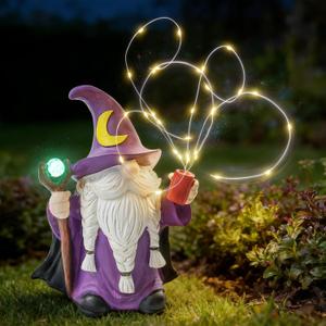 HUYIENO Gnome Solar Garden Statue 9.7" Outdoor Decor with LED Firefly String Lights, Waterproof Solar Powered Figurine for Patio, Yard, Lawn, Porch, Housewarming, Mom & Birthday Gift Gnome