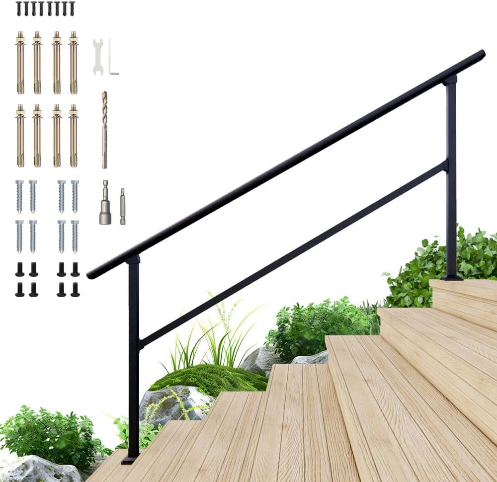 DIYHD 8 Step Handrail for Outdoor, Powder Coated Iron Stair Railing, Black Handrails for Indoor, Porch, Deck,1 Pack