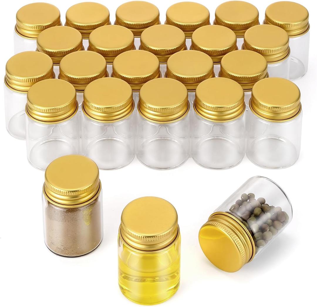 JIUWU 24-Pack Small Glass Bottles,1 Oz with Lid Decorative Bottles 1 oz Glass Jars with Lids, 30ml Travel Bottles, 37x50mm Gold-Cap Bottle for Essential Oils, Perfume & Home Storage
