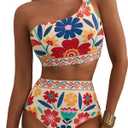 Herseas Women's High Waisted Bikini Sets One Shoulder Floral Print Swimsuits 2 piece Tummy Control Bathing Suits, XL