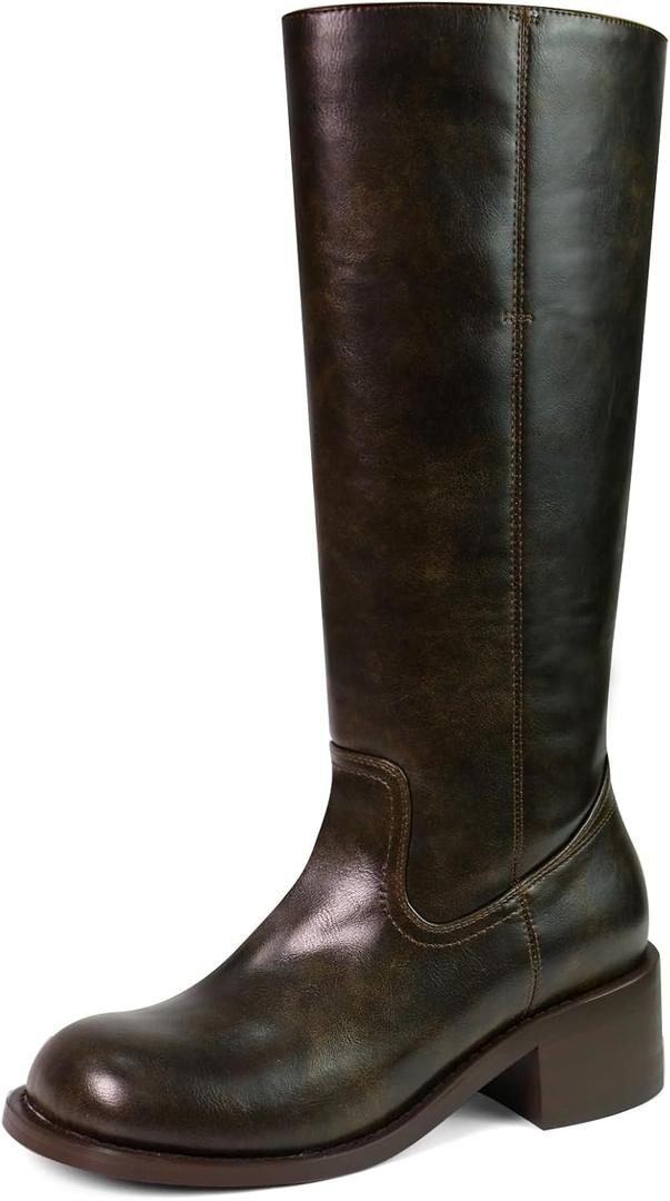Women's Knee High Boots Square Toe Chunky Block Heel Long Boots for Women Comfortable Low Heel Women's Boots (7.5, Dark Brown)