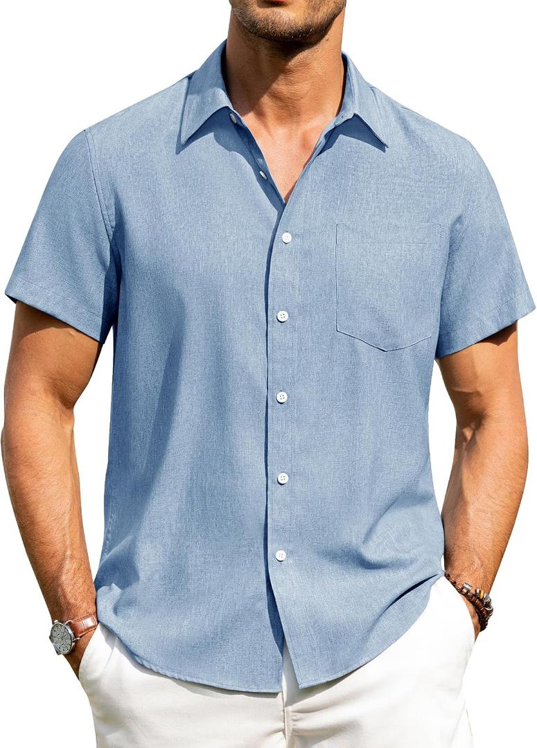 Alimens & Gentle Mens Linen Shirts Short Sleeve Button Down Shirts Wrinkle Free Casual Vacation Beach Summer Tops,Sky Blue,M