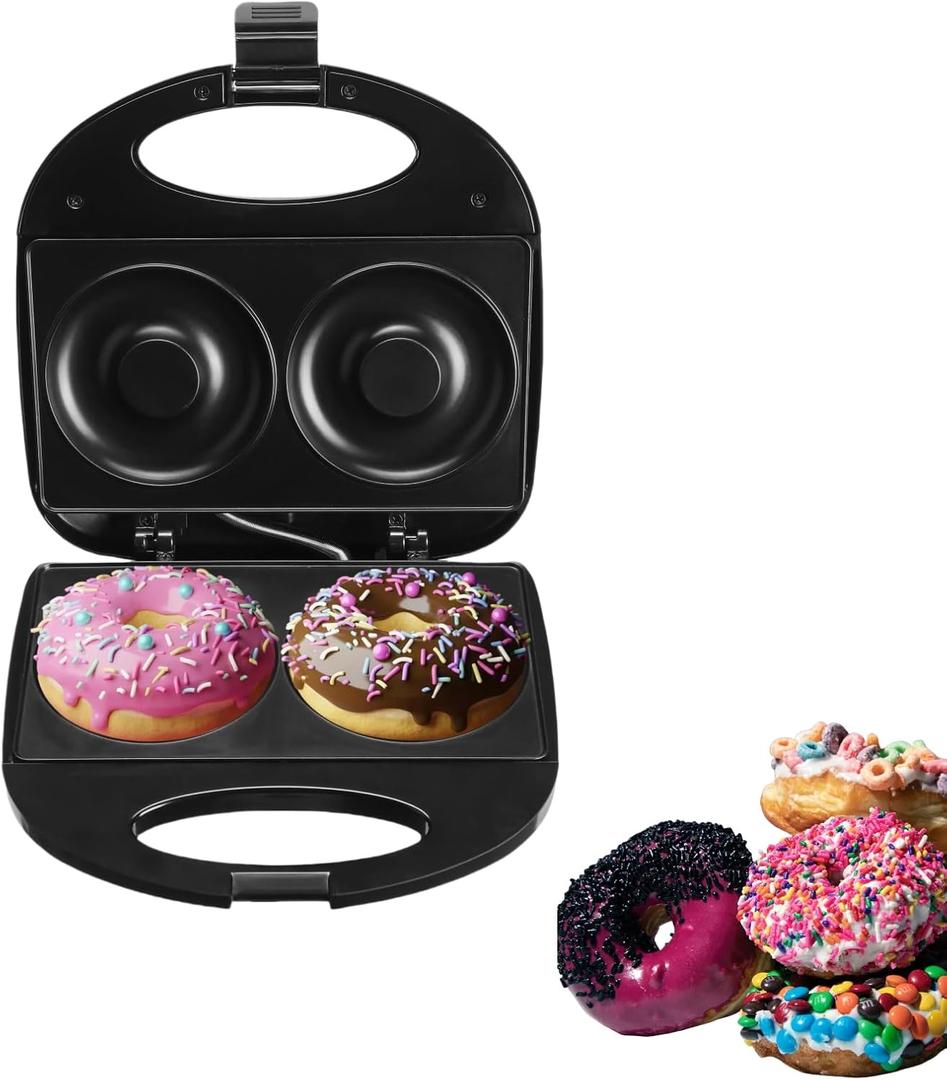 Mini Donut Maker Machine for Kid-Electric Non-Stick Surface Makes 2 Mini Doughnuts-Friendly Breakfast, Snacks, Desserts-Black (2 Holes X4")