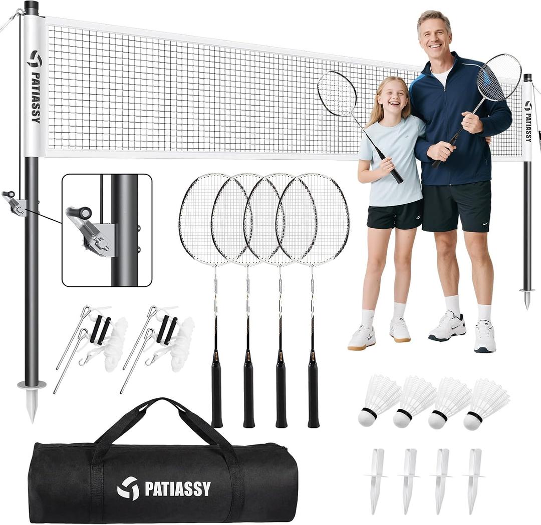 Professional Badminton Set with Carbon Fiber Badminton Rackets Set of 4, Outdoor Portable Badminton Net with Anti-Sag Winch System, 4 Nylon Badminton Shuttlecocks and Bag, 20ft Net