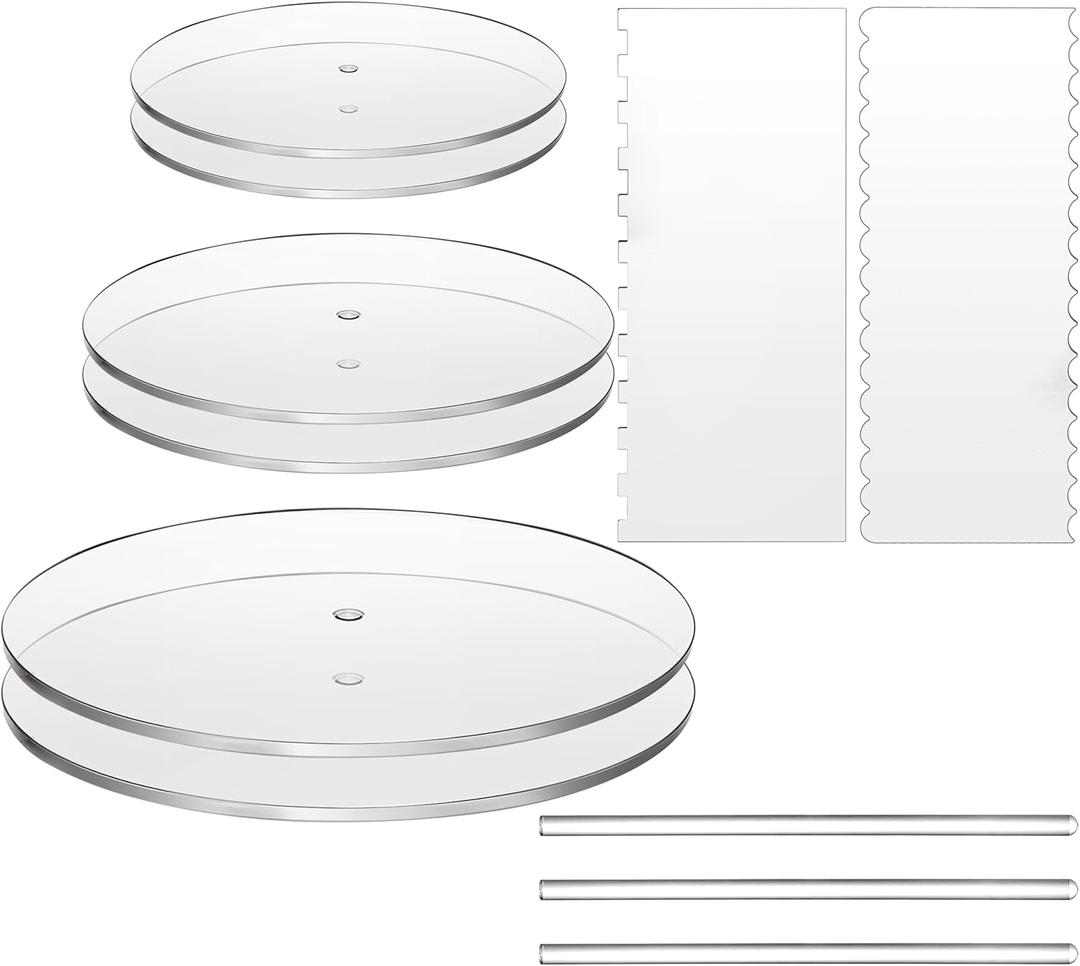 11 Pieces Acrylic Cake Discs Set, Clear Cake Decorating Supplies with 6 Acrylic Discs, 2 Icing Scraper and 3 Center Dowel for 3 Tier Cake Making, Serving Bake Goods, 6.25/ 8.25/ 10.25 Inch