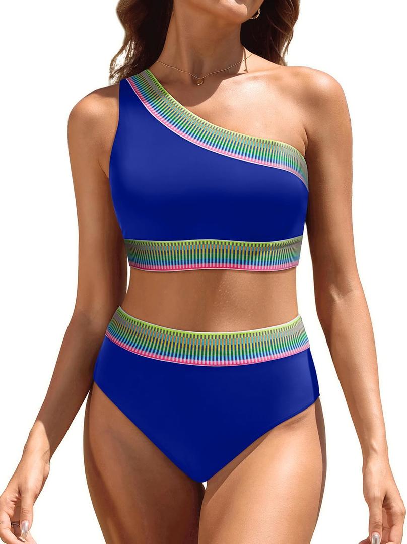 Women High Waisted Bikini Set - One Shoulder Two Piece Swimsuits Color Block Bathing Suits with Swimwear Bottom (Small, Royal Blue) Women High Waisted Bikini Set - One Shoulder Two Piece Swimsuits Color Block Bathing Suits with Swimwear Bottom (Small, Royal Blue)