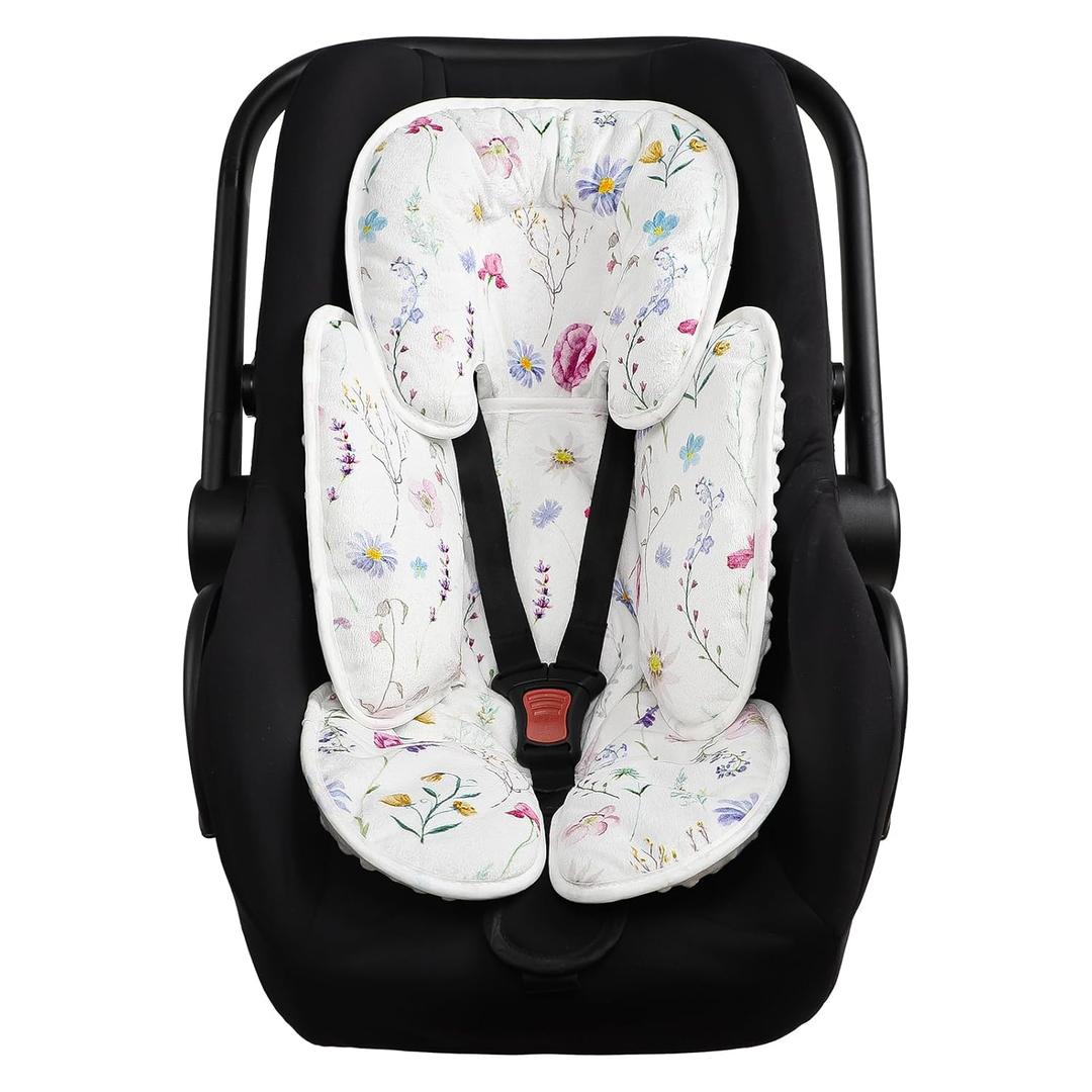 Pea Pod Infant Car Seat Pad 2-in-1 Baby Car Seat Head & Body Support for Newborn Girl Reversible 3 Layer Warm Preemie Carseat Stroller Cushion Headrest with Soft Minky Dot Fabric, Wildflower