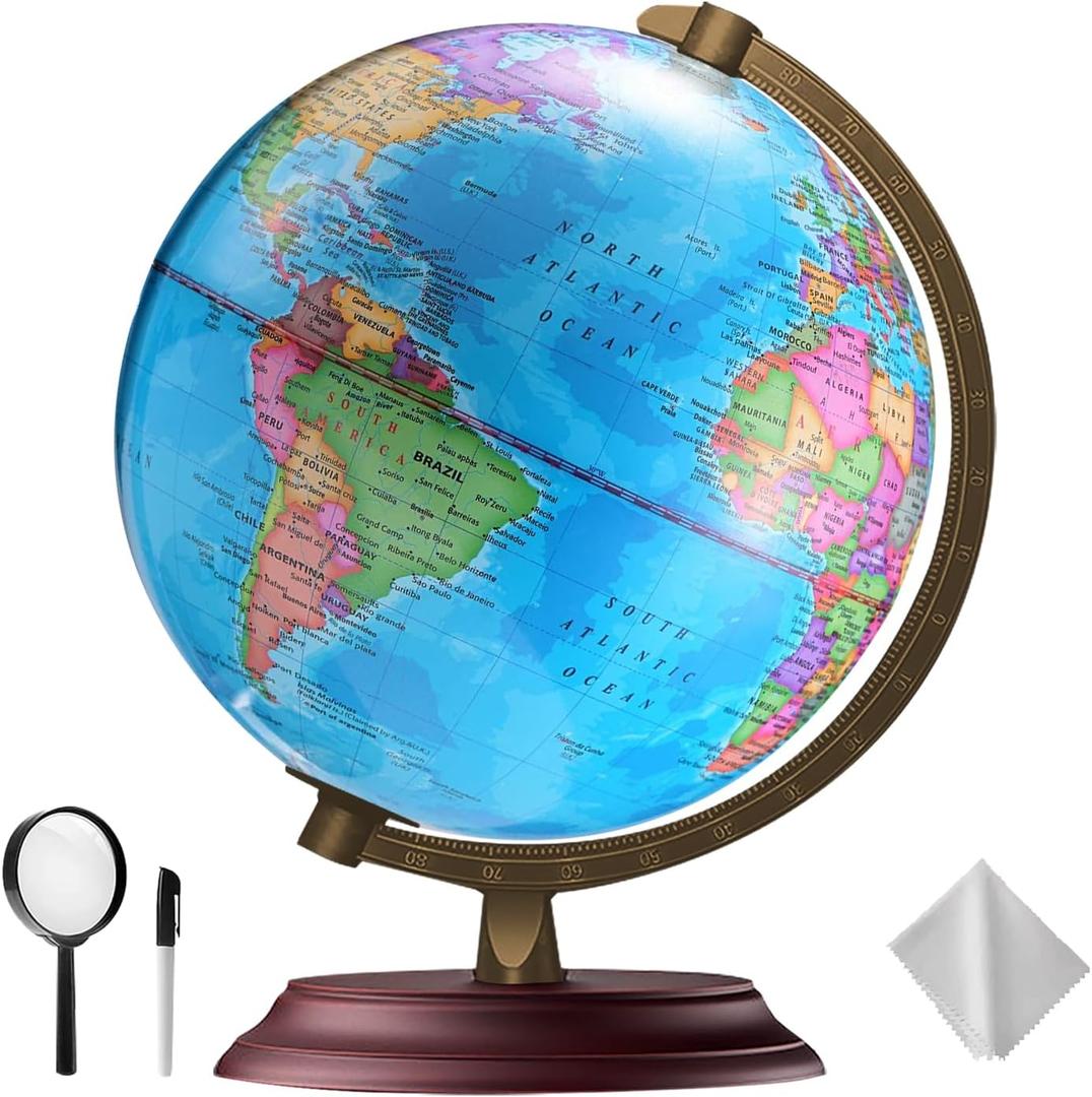 TTKTK Illuminated World Globe for Kids & Adults All Ages with Wooden Stand 7 in 1- Night View Stars Map Constellation Globe with Detailed Colorful World,Built-in LED Bulb, Educational Gift