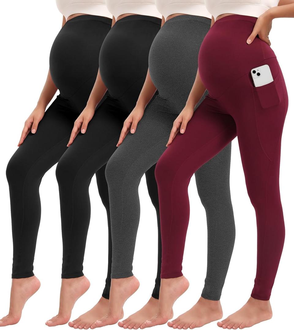 Siimcuzy 4 Pack Womens Maternity Leggings with Pockets Over The Belly Pregnancy Workout Yoga Pants Activewear (Large, 2 Black 1 Heather Grey 1 Wine)