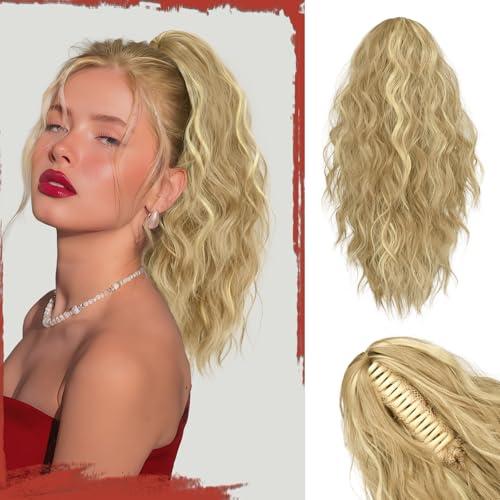 SOFEIYAN Ponytail Extension, 16 inch Claw Clip Ponytail Extension Wavy Curly Ponytails Synthetic Pony Tails Hair Extensions Natural Fake Hairpiece for Women - Dark Ash Blonde Mixed Bleach Blonde