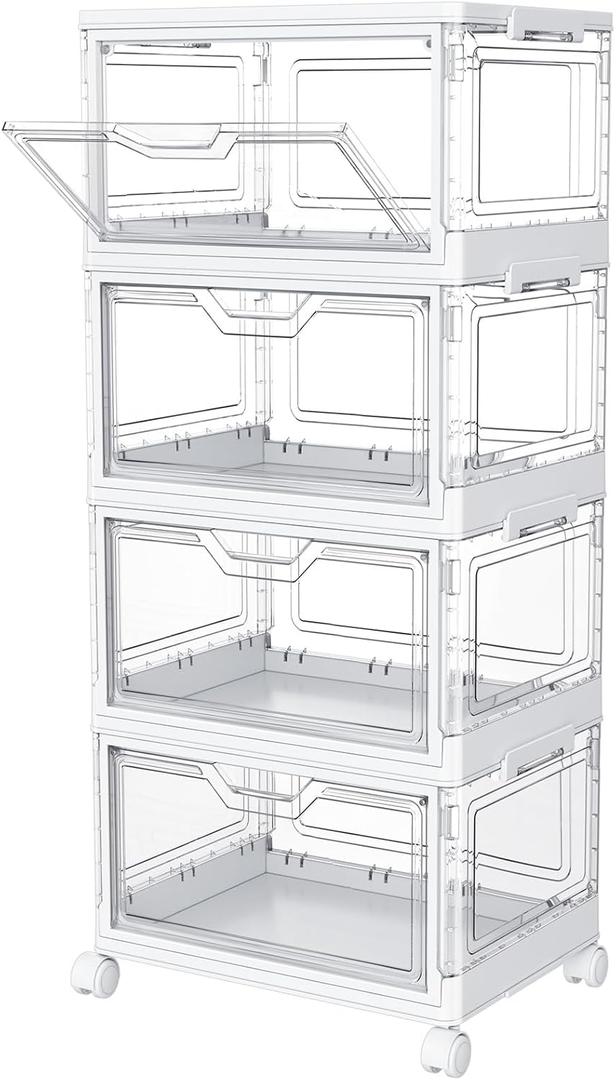 Clear Storage Bins with Lids,4 Tier Plastic Bins with Wheels,Stackable Storage Bin,Closet Organizers Box for Bedroom,Living Room,Toy,23 QT Folding Box with Magnetic door