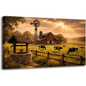 Fochorlo Farmhouse Barn Wall Art 20x36 Inch, Rustic Country Farm Landscape Canvas Print with Windmill and Cows, Vintage Rural Wall Decor for Living Room Kitchen