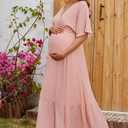 STYLEWORD Women's 2026 Summer Maternity Dress Short Sleeve V Neck Tiered Boho Flowy Long Maxi Dress (Pink, M)