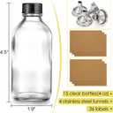 15 Pack, 4 oz Small Clear Glass Bottles with Lids & 4 Stainless Steel Funnels - 120ml Boston Sample Bottle for Potion, Juice, Wellness, Ginger Shots, Whiskey, Liquids - Mini Travel Essential Bottles