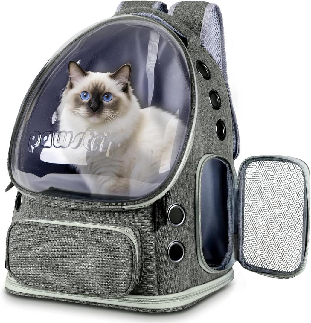 Pawstrip Cat Backpack Carrier with Large Space Bubble Window, Airline Approved Breathable Pet Carrier for Small Dogs Cats up to 15lbs, Foldable for Travel Hiking & Outdoor Use (Gray)