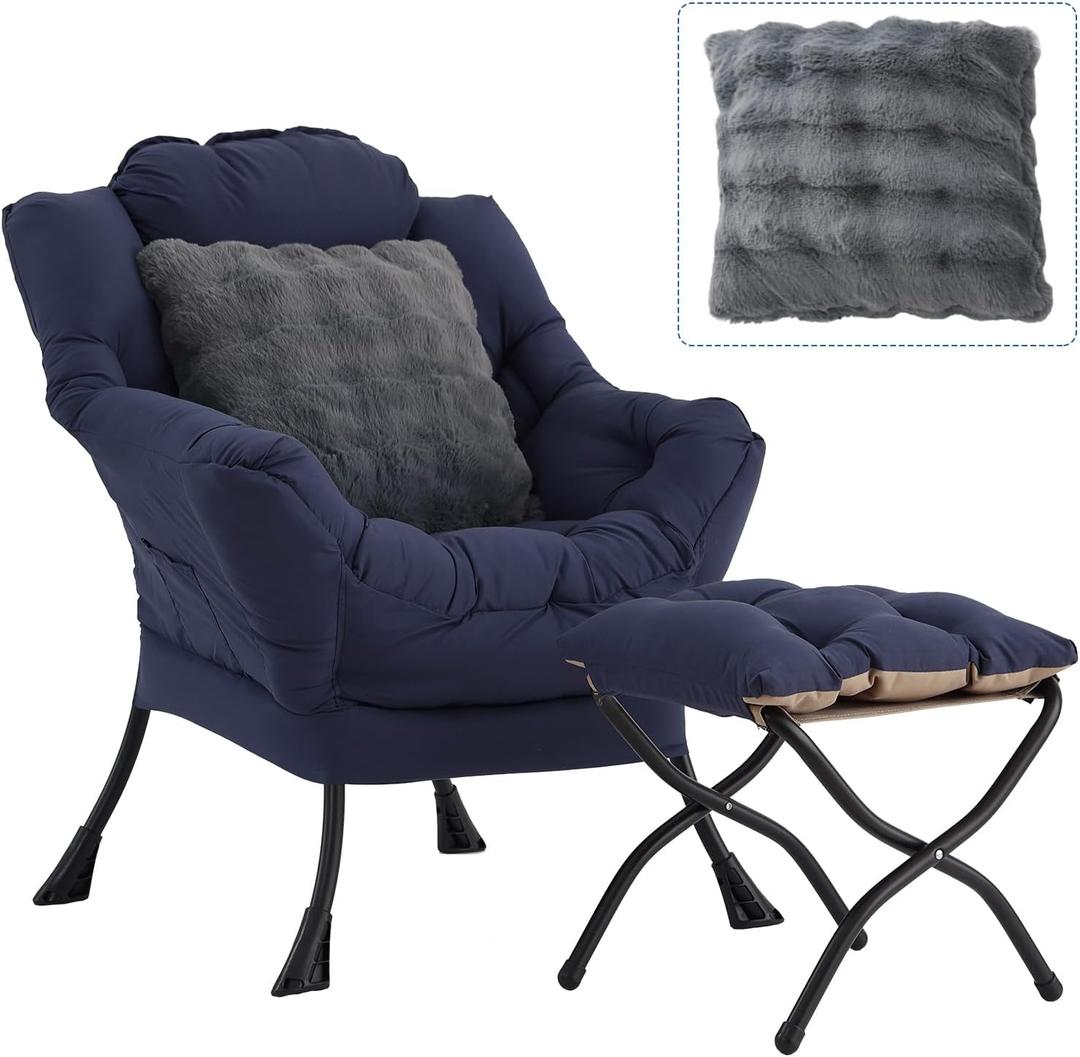 Large Lazy Chair with Ottoman, Accent Reading Chair with a Throw Pillow, Cozy Lounge Chair with Armrest, Leisure Sofa Chair for Living Room, Bedroom, Dorm, Navy Blue