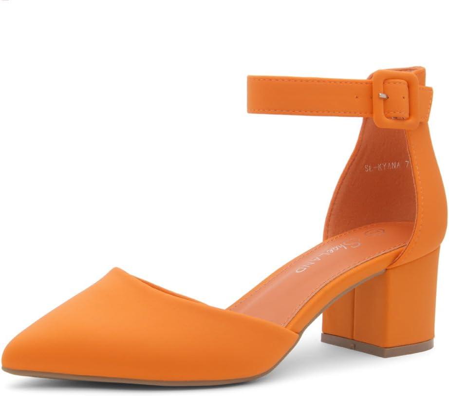Shoe Land Closed Toe Heels for Women 2.25 Inch Low Block Pumps for Office | Pointed Toe Chunky Dress Heels with Ankle Strap | Comfy Womens Business Casual Shoes (Orange, 5)
