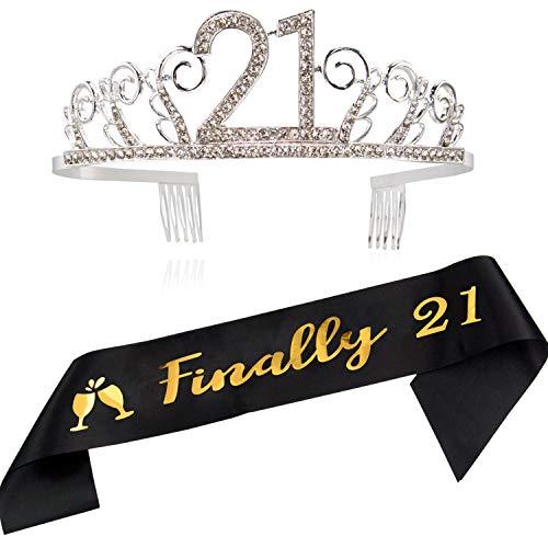 Ska Direct 21st Birthday Tiara and Sash,Finally 21 Sash and Crystal Rhinestone Tiara Birthday Crown for HAPPY 21st Birthday Party Supplies and Decorations (Sash+Tiara)/F21B