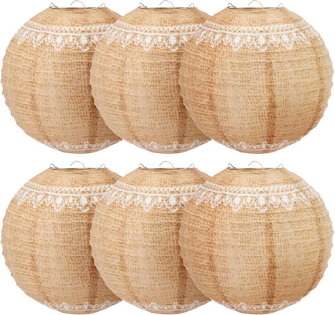 6 Pcs Burlap Paper Lanterns 8 Inch Boho Chinese Paper Lantern Decorative Hanging Lantern Indoor Lace Rustic Farmhouse Classroom Decor for Wedding Bridal Birthday Party