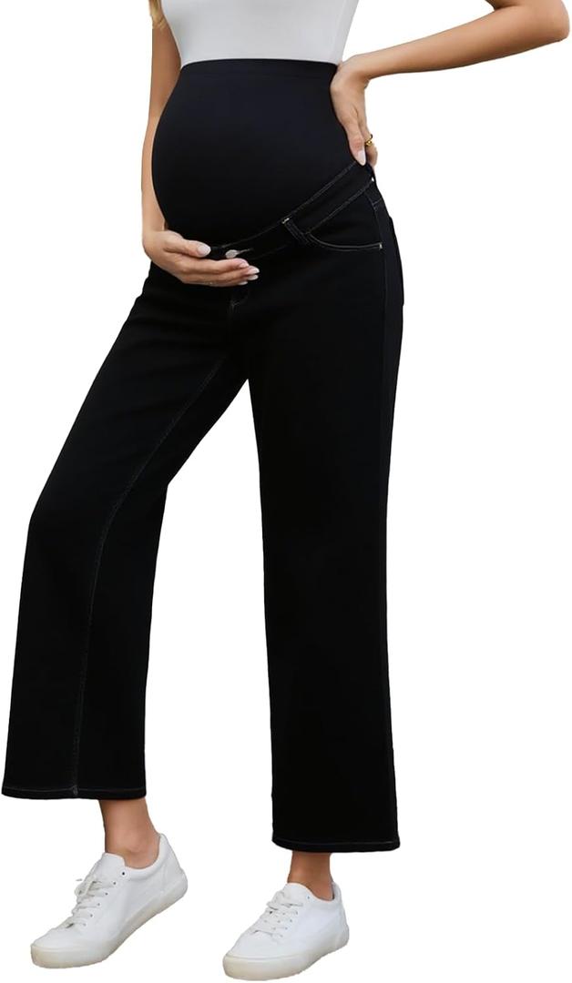 Ecavus Women's Maternity Jeans Over Belly Wide Leg Comfy Stretch Denim Pants with Pockets, Large, Black Regular