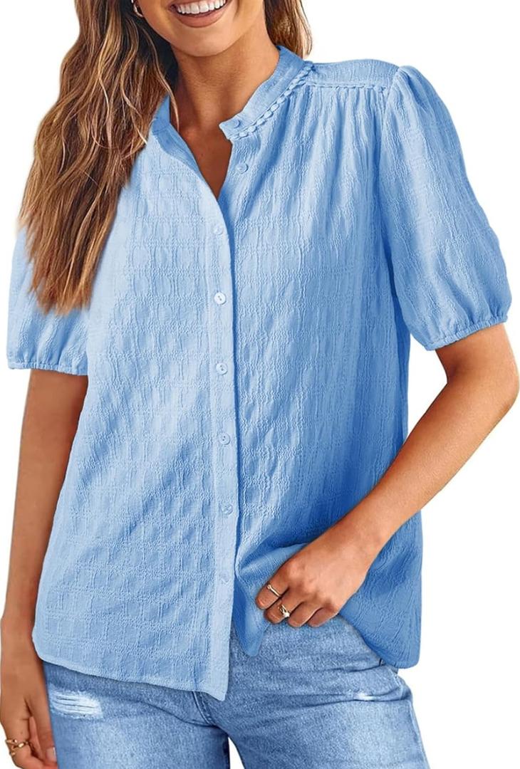 EVALESS Womens Button Down Shirts Cute Short Puff Sleeve V Neck Tops Spring Summer Blouses for Women Dressy Casual, Size: XL
