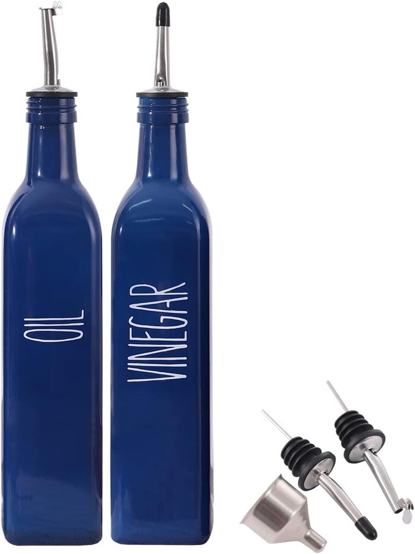 VICUKIE Glass Oil and Vinegar Dispenser Set For Kitchen, 17oz Glass Olive Oil Dispenser Bottle with Pour Spout, Farmhouse Olive Oil Dispenser Bottle For Kitchen, Unique Navy Blue Decor (2 blue)