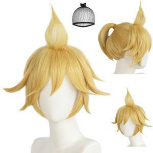 Blonde Yellow Cosplay Wig Short Blonde Ponytail Wigs with Bangs Short Blond Wigs for Halloween Party Yellow Twins Cosplay for Anime Costume Outfit+Hair Cap