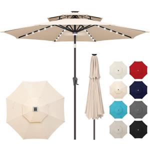 9ft Solar Umbrella Outdoor - 2 Tiers Lighted Solar Patio Umbrella with 40 LED Lights Waterprool UV Protection, Table Umbrella with Tilt for Pool, Porch, Garden, Backyard (Beige), 9ft double-top