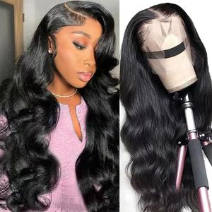 20 Inch Human Hair Wig Body Wave Lace Front Wigs 180% Density 13x4 HD Transparent Lace Frontal Wigs Natural Black Color Pre Plucked Hairline 10A Virgin Hair Glueless Wigs for Women