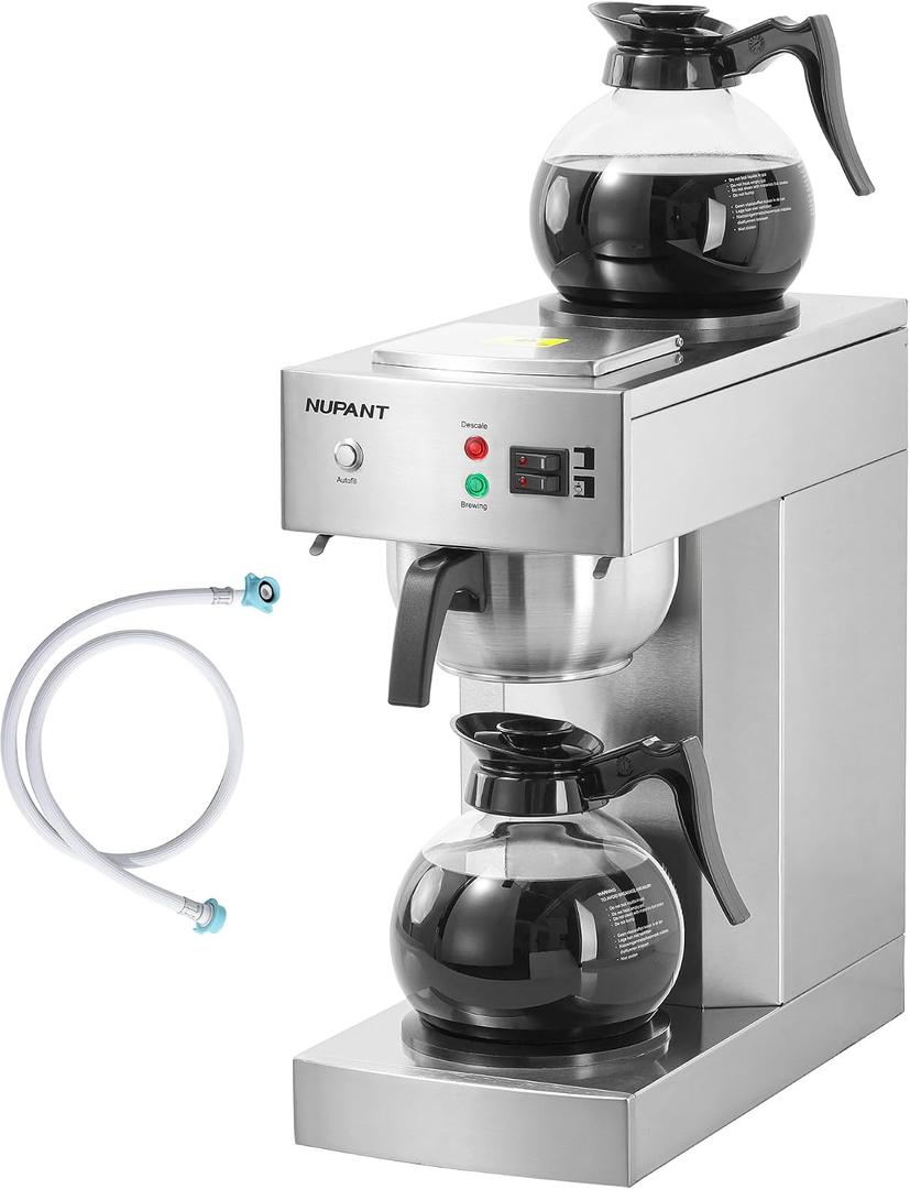NUPANT 12-Cup Commercial Coffee Maker with Water Line 1.8L Auto-Filling Drip Coffee Maker Machine with 2 Glass Carafes and 2 Warmers Stainless Steel Pour over Coffee Brewer for Restaurant Office cafe