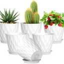 5 inch Plant Pots for Indoor Outdoor Plants, 6 Pack Thick Nursery Pots with Drainage Holes and Saucers, 3D Modern Wave Texture Small Plastic Planter Flower Pots for Succulent, Herb, White