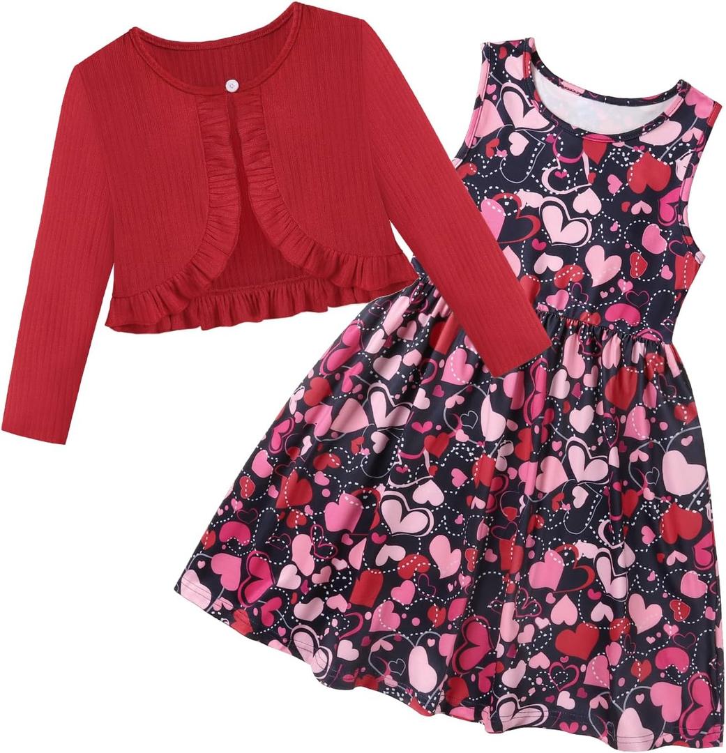 Toddler Baby Girls Spring Dress + Cardigan 2Pieces Outfits Floral Patterned Sundress Solid Long Sleeve Shrug Set (4-5yrs old, Heart-black)