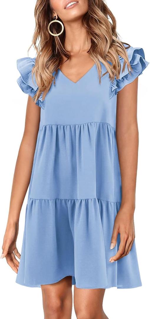 Zwurew Summer Babydoll Dresses for Women 2026 Cute Ruffle Cap Sleeve V-Neck Flowy Swing Mini Dress Sundress (S)