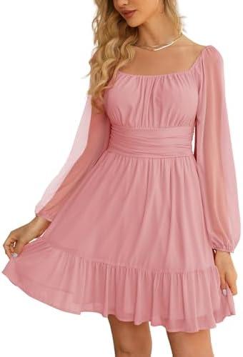 Wenrine Women's Mesh Long Sleeve Square Neck Dress High Waist A Line Ruffle Hem Flowy Casual Party Mini Dress S