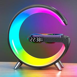 Smart LED Table Lamp, 4in1 Wireless Charger, Night Light, Alarm Clock, and Bluetooth Speaker with App Control for Bedroom, Office, and Home Decor (Black)