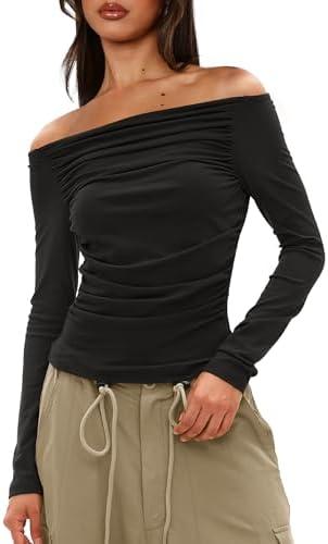 Darong Women Off Shoulder Shirts Long Sleeve Ruched Going Out Tops Trendy Slim Fit Fall Blouses Y2K Tops, S