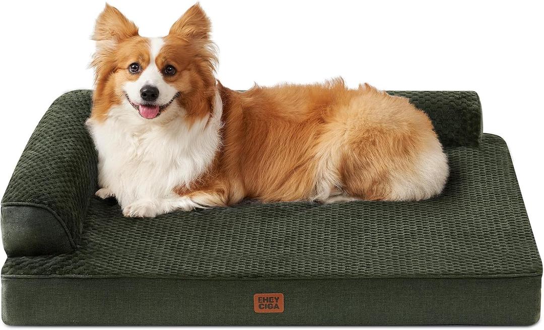 EHEYCIGA Large Dog Bed Memory Foam for Crate, Orthopedic Dog Bed Large Size Dogs with Washable Removable Cover, Waterproof Pet Sofa Couch with Nonskid Bottom, 35x22x6, Dark Green