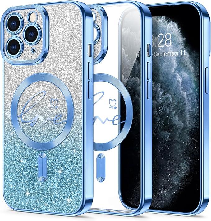 Hython for iPhone 11 Pro Case Glitter, Compatible with MagSafe Love Heart Magnetic Clear Phone Cases for Women Girls, Full Camera Protection Sparkle Plating Shockproof Protective Cover, Blue