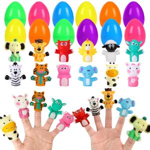 JIALWEN 12 Pack Eggs Prefilled with Animal Finger Puppets, Children's Multiple Activity Toys Basket Stuffers Surprise Easter Gifts Hunt Party Favors Classroom Prize Supplies