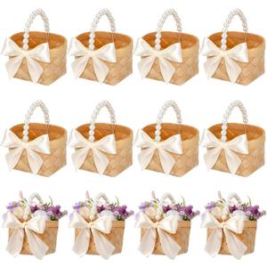 Geelin 12 Pcs Mini Flower Girl Basket Mini Woven Baskets with Pearl Handles Wood Chip Flower Fruit Picnic Holder with RibbonCh ip Bucket for Wedding Party Gifts Baby Shower Birthday Party Decoration (Beige)