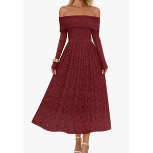 MEROKEETY Women's 2025 Fall Long Sleeve Floral Midi Dress Off Shoulder Wedding Guest Formal Long Flowy Dresses M