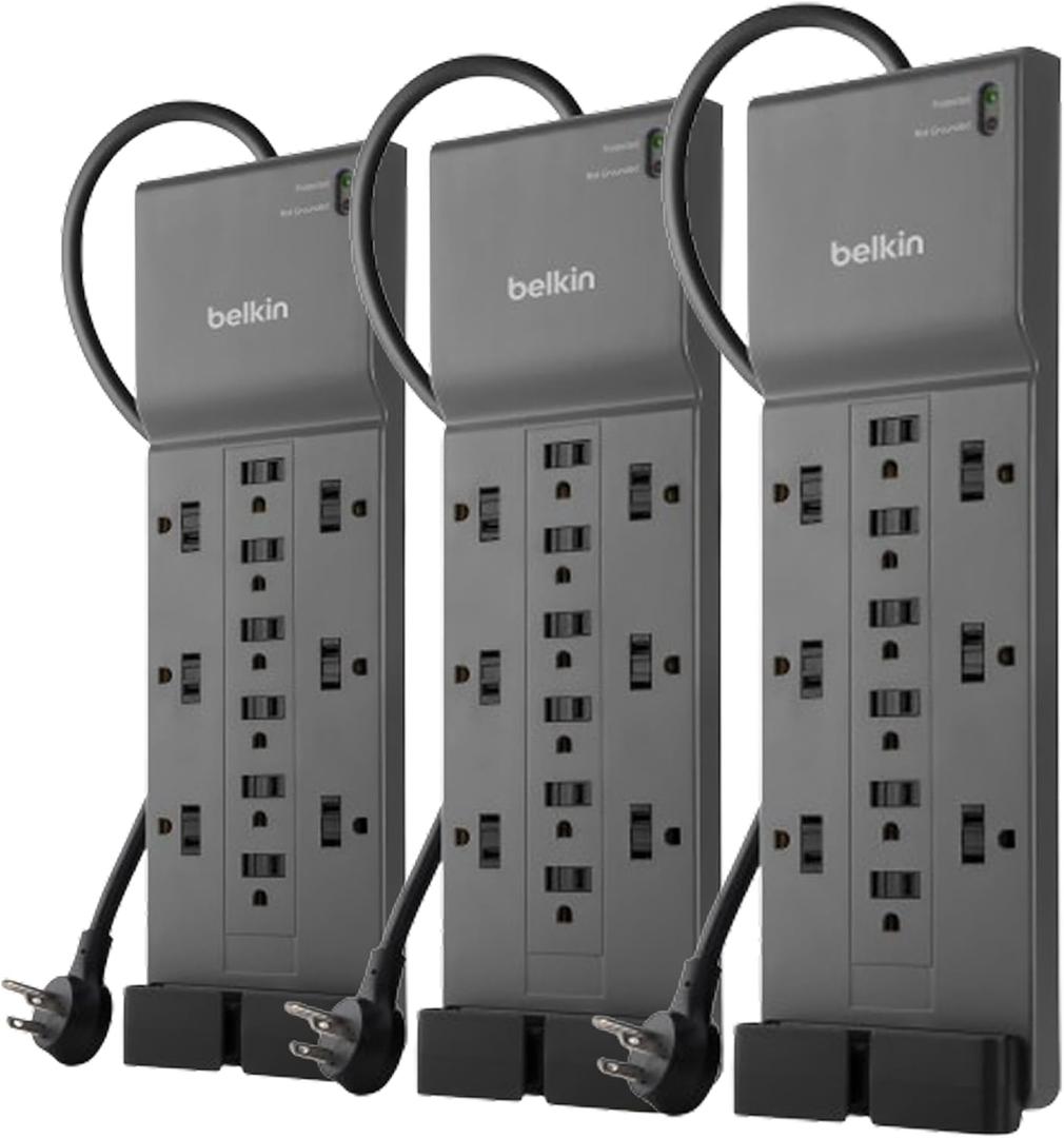 Belkin 12-Outlet Surge Protector Power Strip w/ 12 AC Outlets & 8ft Flat Plug, UL-Listed Heavy-Duty Extension Cord for Home, Office, Travel, Computer, Laptop, Charger - 3,940 Joules of Protection