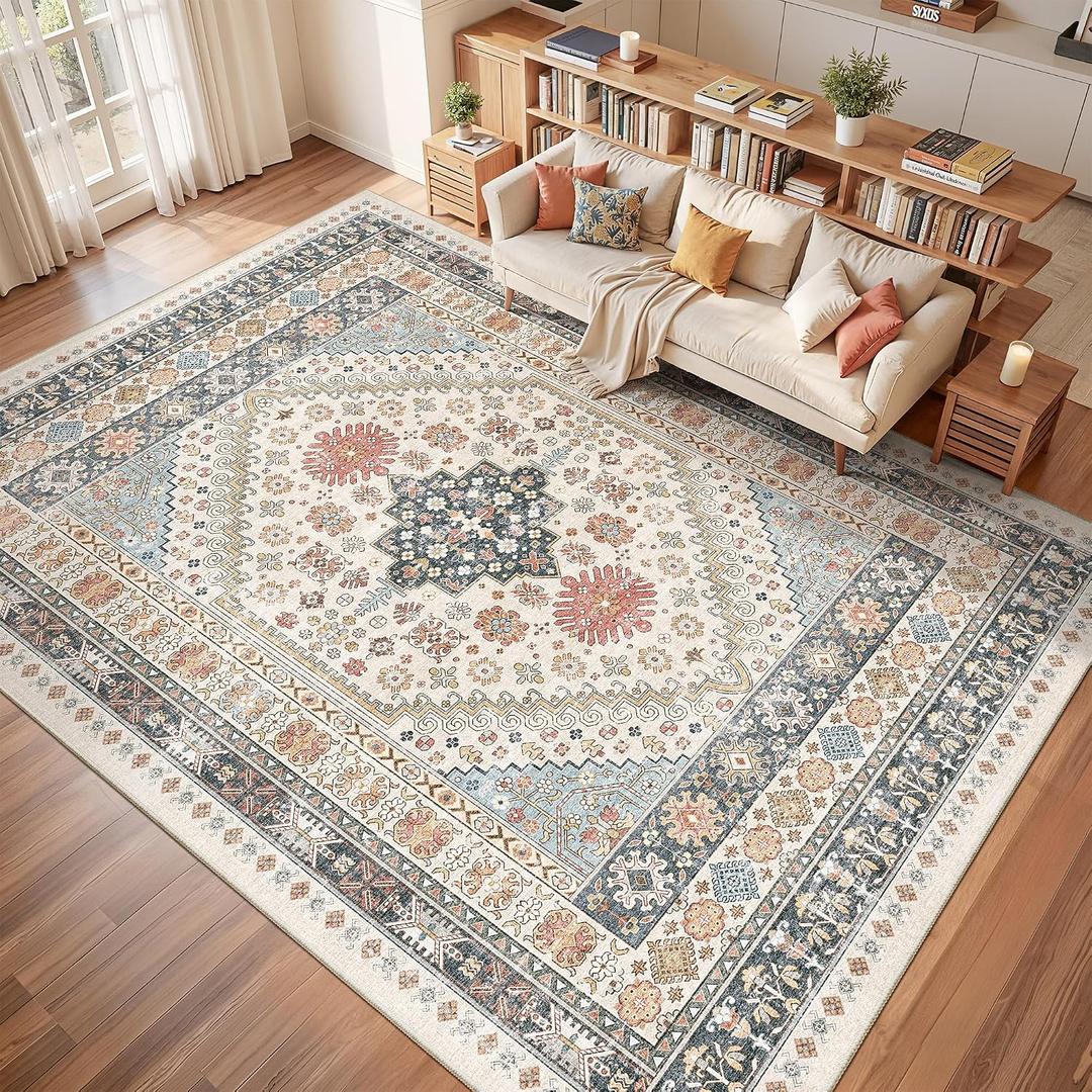 Washable Rugs 8x10 Area Rugs for Living Room, Non-Slip Backing Large Rug for Nursery Room, Vintage Floral Bedroom Rugs, Thin Indoor Home Decor Soft Farmhouse Rug (Blue/Red/Multi,8'x10')
