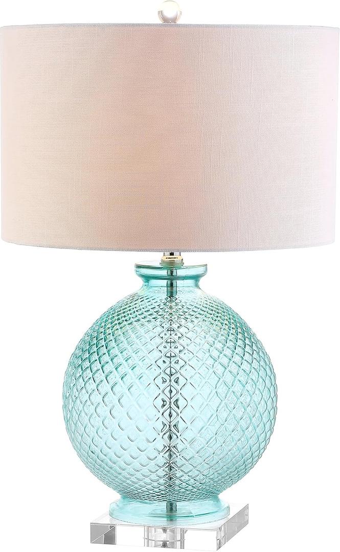 JONATHAN Y JYL2003A 26" Contemporary Glass Table Lamp, Aqua Blue Crystal Bedside Lamp for Living Room, Bedroom Nightstand, Coastal End Table Desk Lamp with White Linen Drum Shade, 