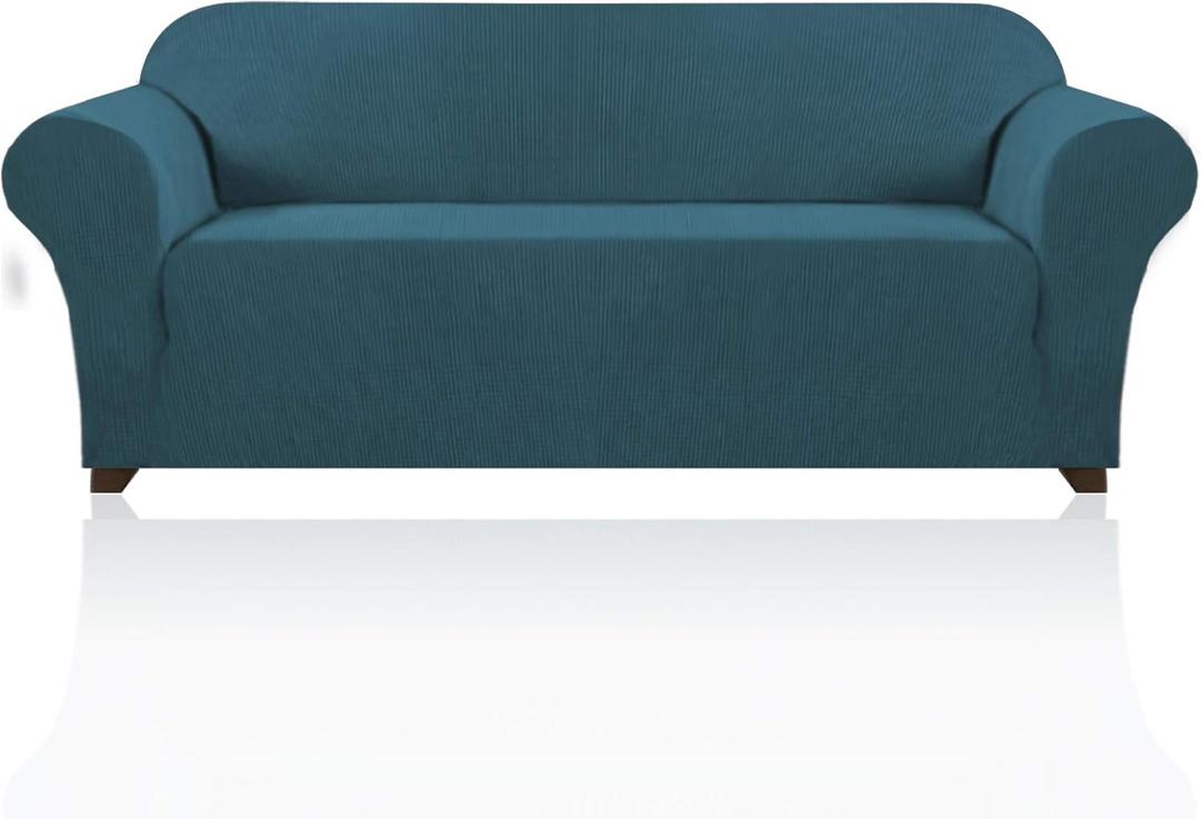 PrinceDeco Stretch Sofa Cover Slipcover Couch Covers for 3 Cushion Couch Furniture Protector Sofa Covers with Non Slip Elastic Bottom Dogs Pet Friendly Fitted (Sofa, Deep Teal)