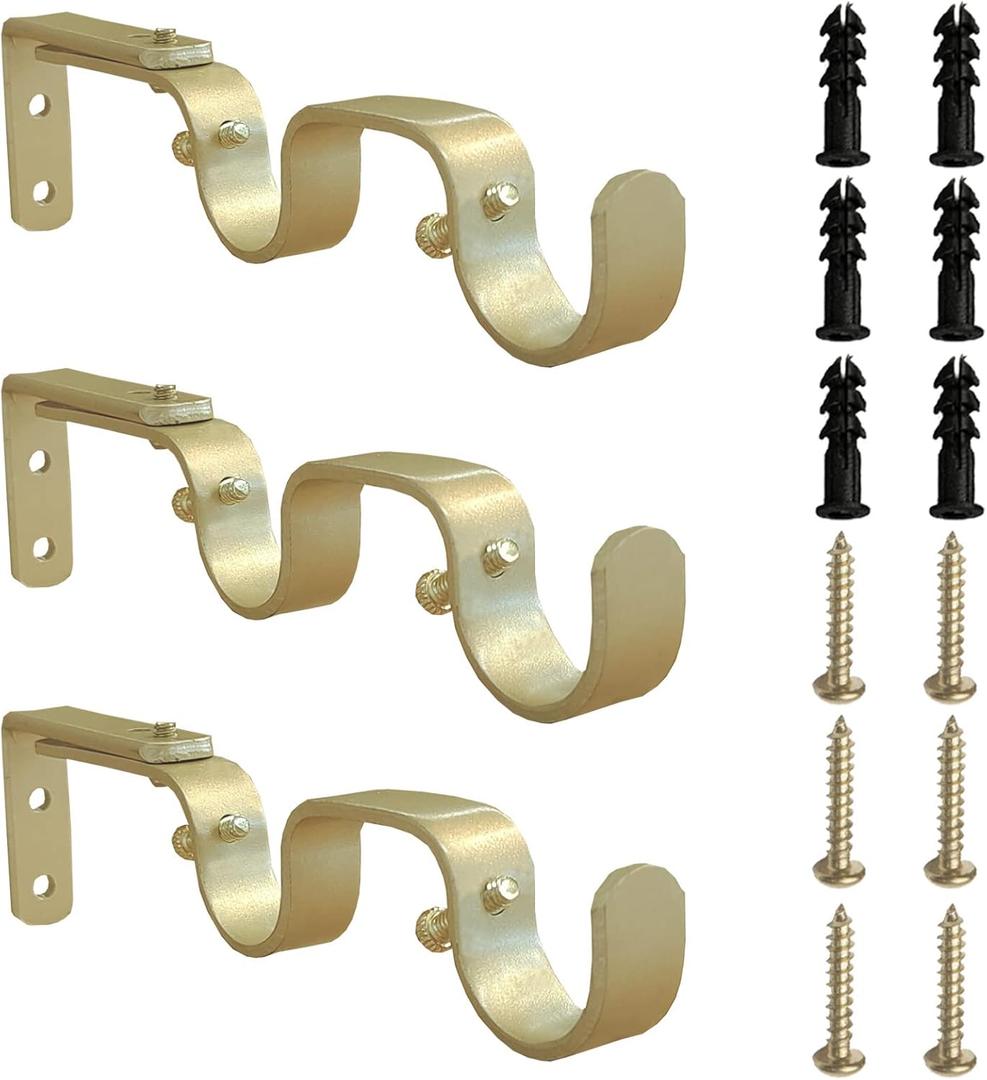 Heavy Duty Curtain Brackets, Fits up to 1 Inch Rods, Adjustable Double Curtain Holders, Set of 3, Gold